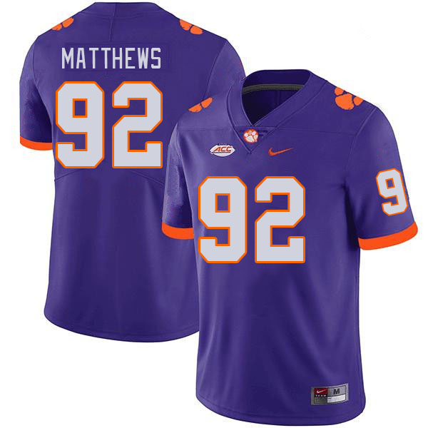 Men's Clemson Tigers Levi Matthews #92 College Purple NCAA Authentic Football Stitched Jersey 23DE30SL